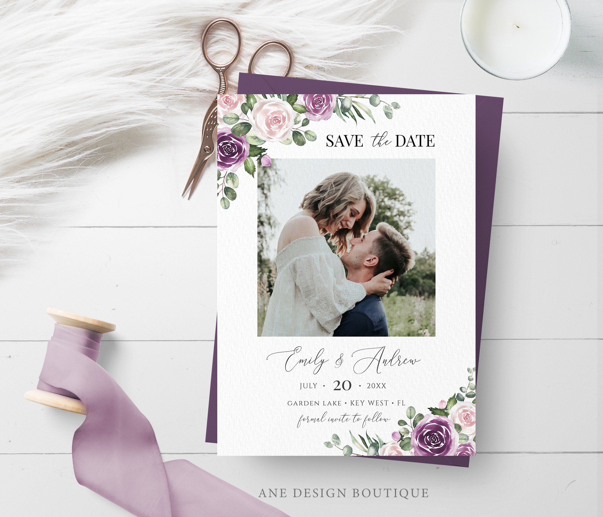 Save the Date Card with Plum Florals
